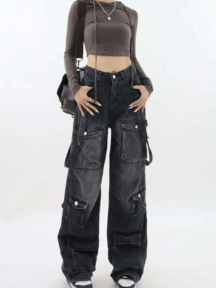 Y2K Grunge Style Belted Dark Wash Cargo Jeans for Aesthetic Outfits