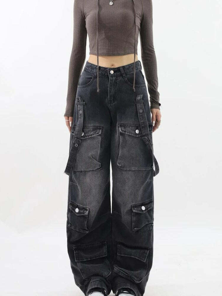 Y2K Grunge Style Belted Dark Wash Cargo Jeans for Aesthetic Outfits