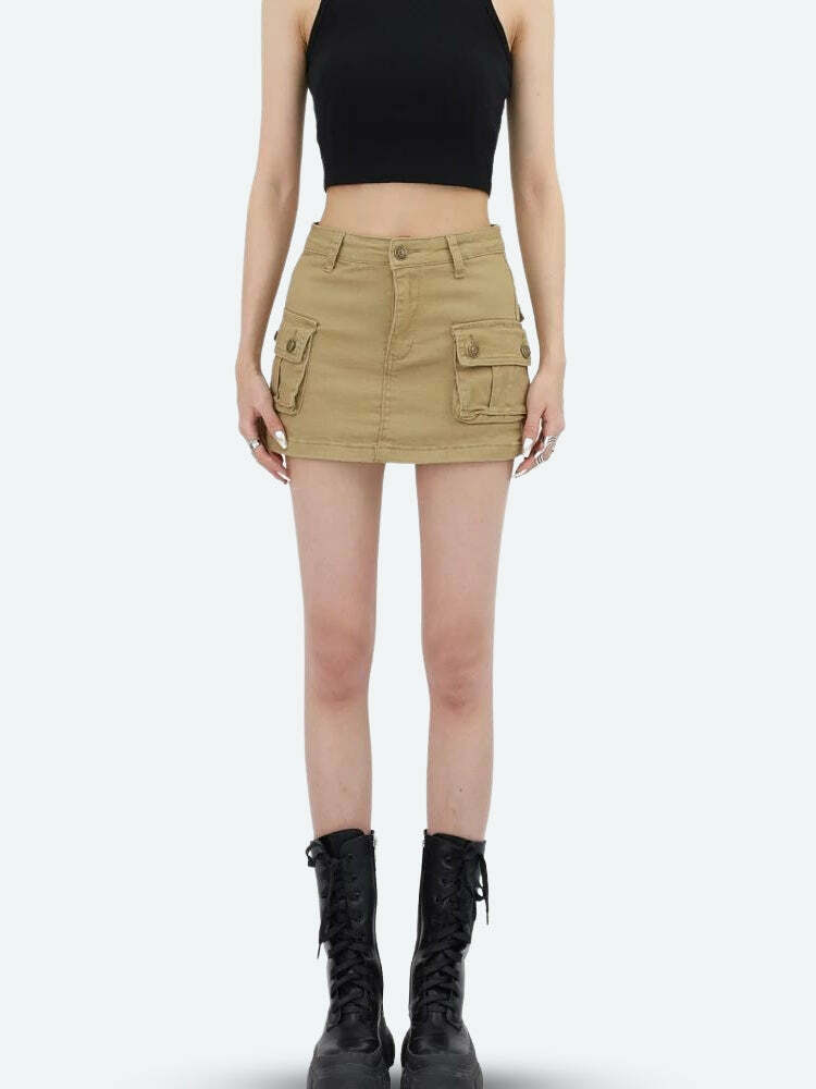 Y2K Grunge Style Cargo Denim Mini Skirt - Aesthetic Soft Girl Outfit