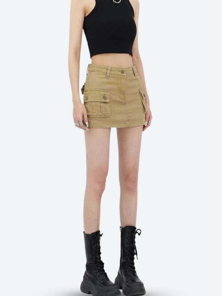 Y2K Grunge Style Cargo Denim Mini Skirt - Aesthetic Soft Girl Outfit