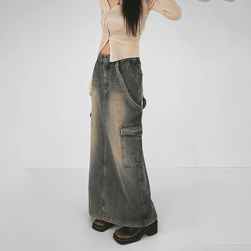 Y2K Grunge Style Cargo Maxi Skirt with Side Straps for Aesthetic Outfits