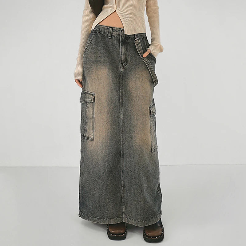 Y2K Grunge Style Cargo Maxi Skirt with Side Straps for Aesthetic Outfits