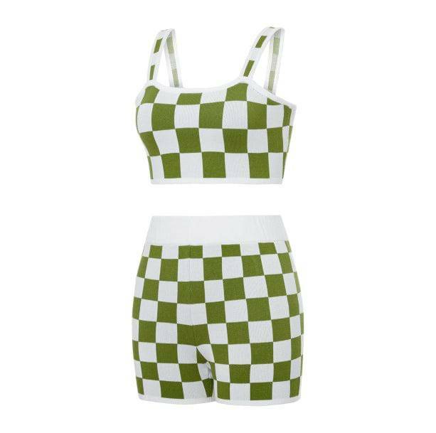 Y2K Grunge Style Checkered Crop Top & Shorts Set for Aesthetic Outfits