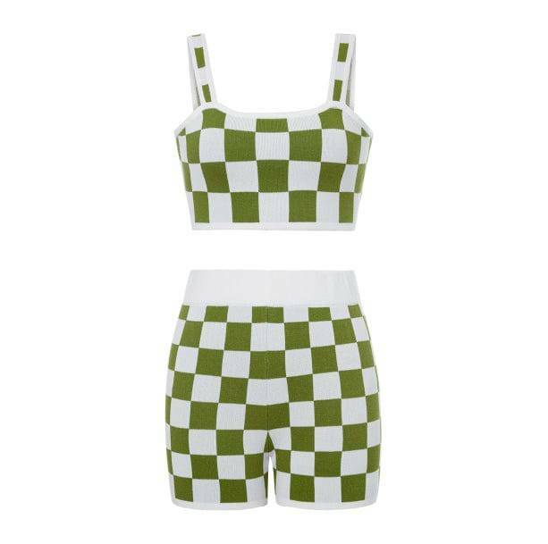 Y2K Grunge Style Checkered Crop Top & Shorts Set for Aesthetic Outfits