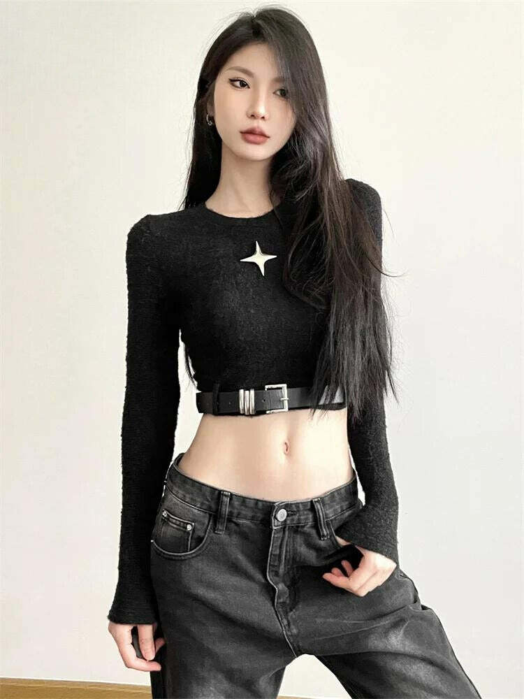 Y2K Grunge Style Cropped Sweater Vest with Belt for Aesthetic Outfits