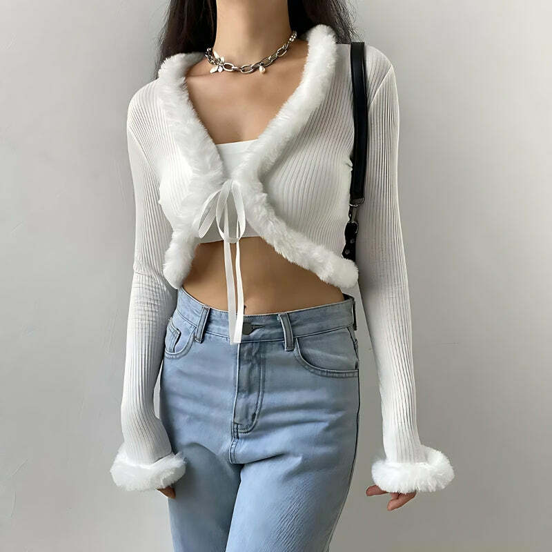 Y2K Grunge Style Faux Fur Cropped Sweater Vest for Aesthetic Outfits