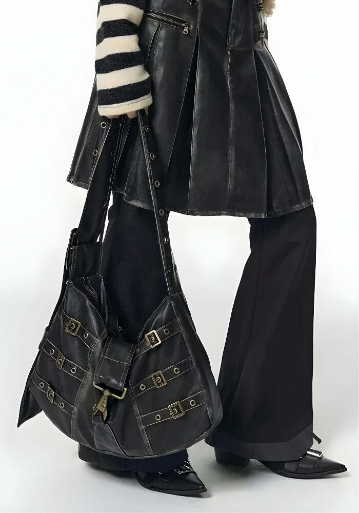 Y2K Grunge Style Faux Leather Belted Bag for Aesthetic Outfits