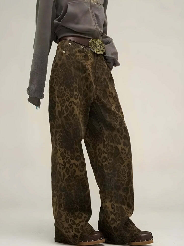 Y2K Grunge Style Leopard Print Straight Leg Pants for Aesthetic Outfits