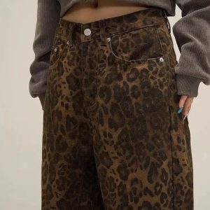 Y2K Grunge Style Leopard Print Straight Leg Pants for Aesthetic Outfits