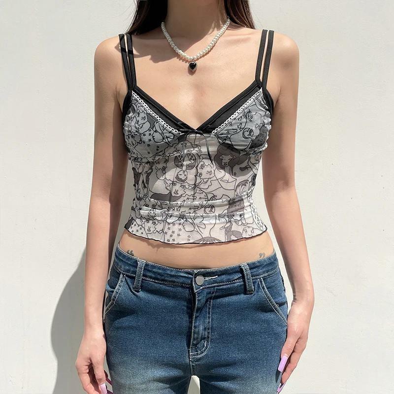 Y2K Grunge Style Mesh Top - Aesthetic Backless Crop for Soft Girl Looks