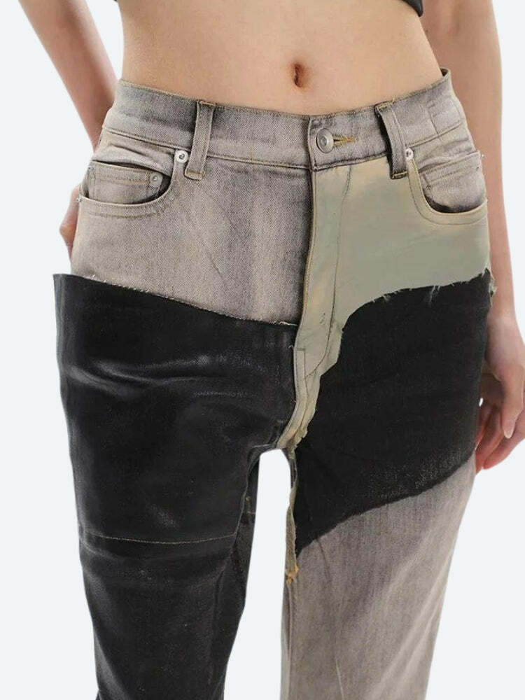 Y2K Grunge Style Patchwork Flare Pants for Aesthetic Outfits