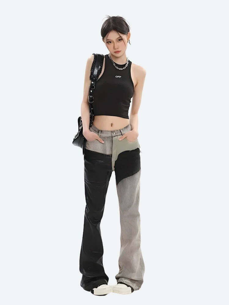 Y2K Grunge Style Patchwork Flare Pants for Aesthetic Outfits