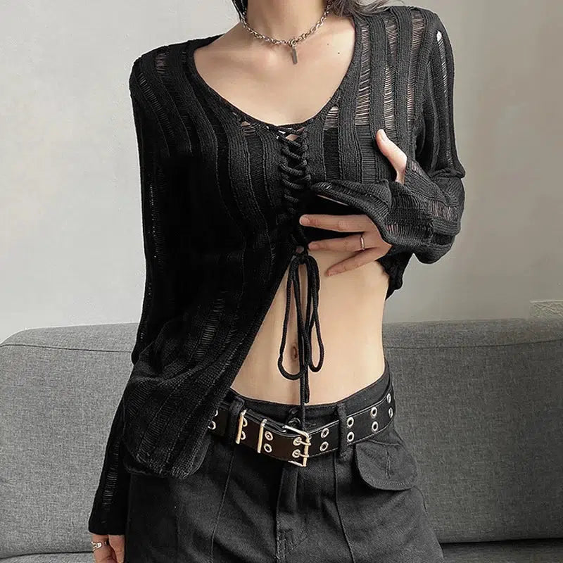 Y2K Grunge Style Sheer Lace-Up Cropped Sweater Vest Top