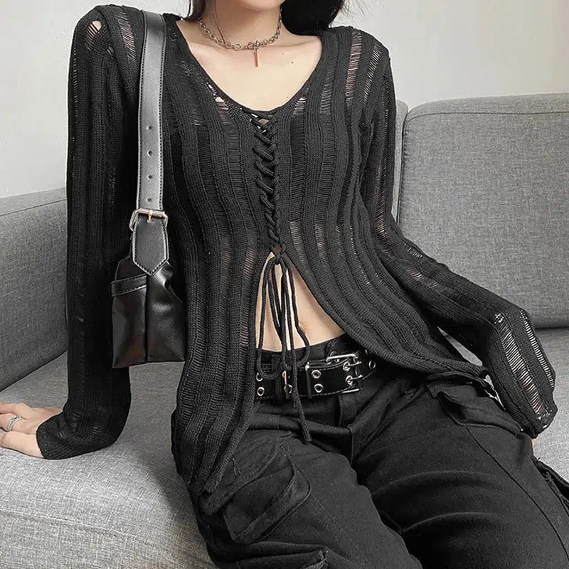 Y2K Grunge Style Sheer Lace-Up Cropped Sweater Vest Top