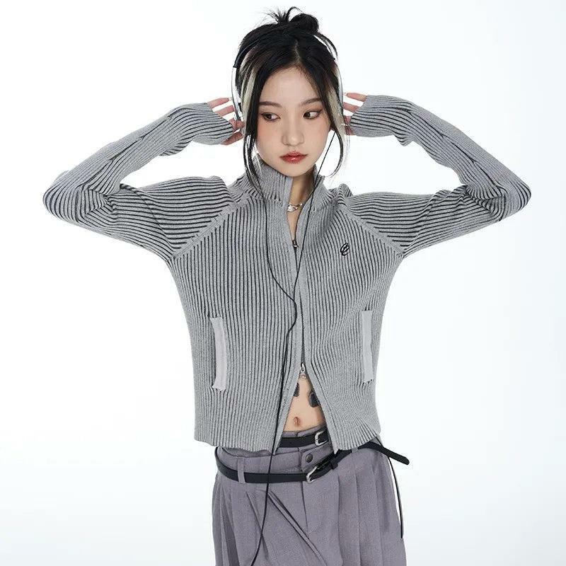 Y2K Grunge Style Zip-Up Turtleneck Cardigan for Aesthetic Outfits