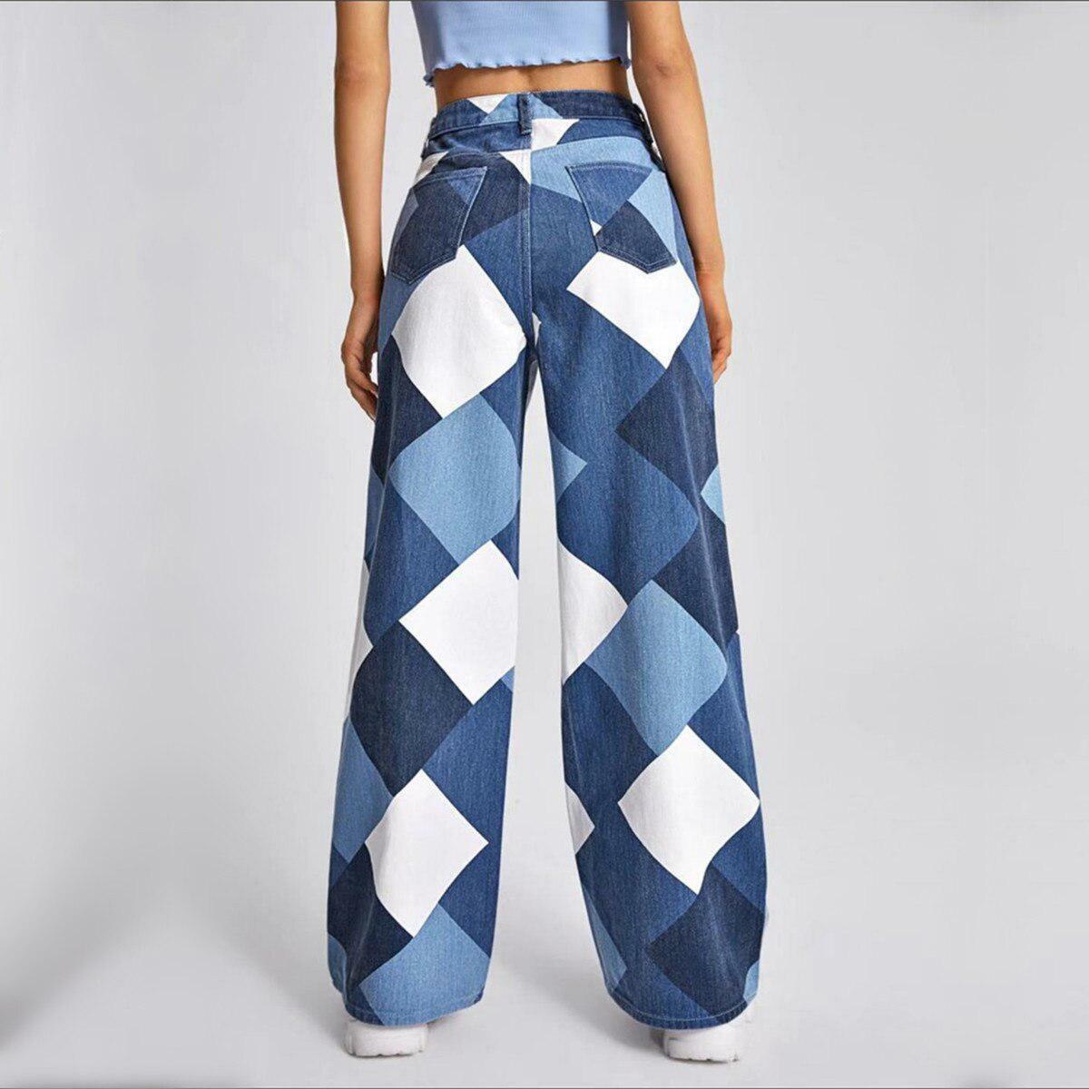 Y2K Harlequin Wide Leg Jeans - Grunge Style Aesthetic Denim Pants