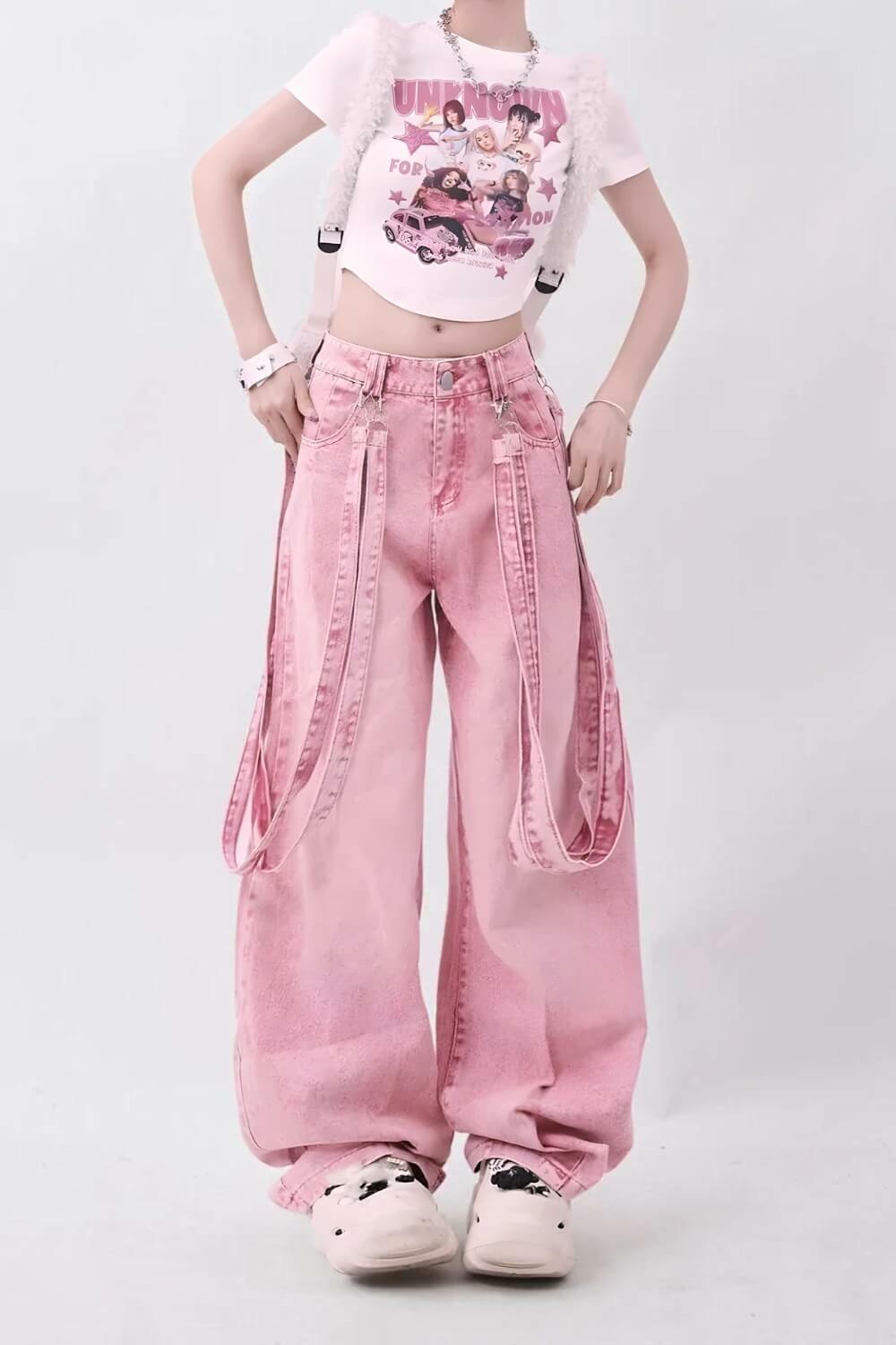 Y2K Soft Girl Double Belted Baggy Jeans for Aesthetic Outfits