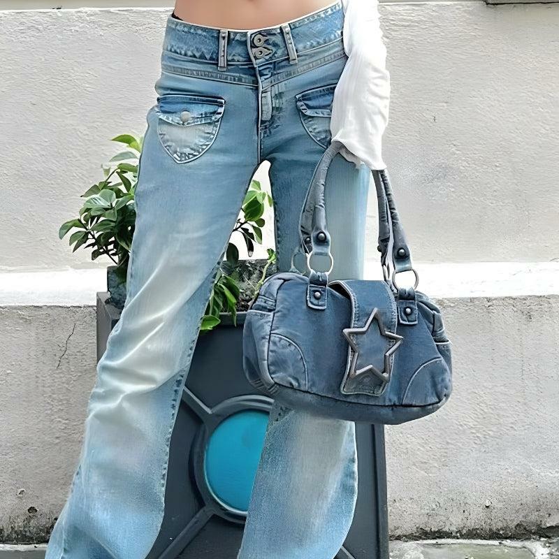 Y2K Star Denim Bag: Trendy Grunge Style Clothing for Aesthetic Outfits