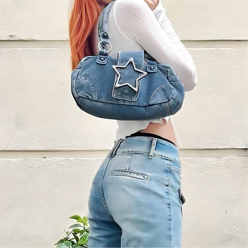 Y2K Star Denim Bag: Trendy Grunge Style Clothing for Aesthetic Outfits