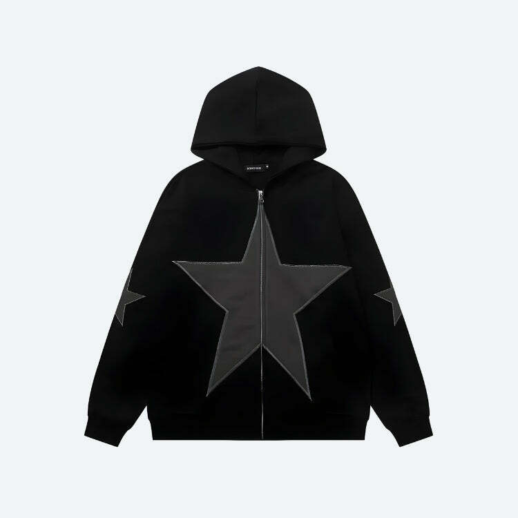 Y2K Star Patch Zip-Up Hoodie - Grunge Style Clothing & Aesthetic Outfit