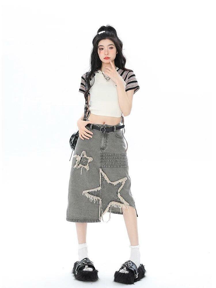 Y2K Star Patchwork Midi Skirt - Grunge Style Aesthetic Clothing