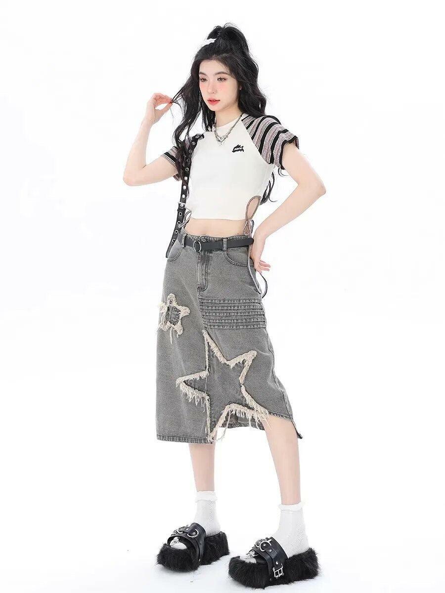 Y2K Star Patchwork Midi Skirt - Grunge Style Aesthetic Clothing