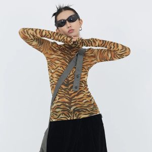 Y2K Tiger Mesh Top - Grunge Style Clothing for Aesthetic Outfits