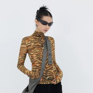 Y2K Tiger Mesh Top - Grunge Style Clothing for Aesthetic Outfits