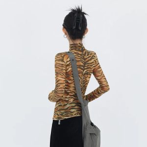 Y2K Tiger Mesh Top - Grunge Style Clothing for Aesthetic Outfits