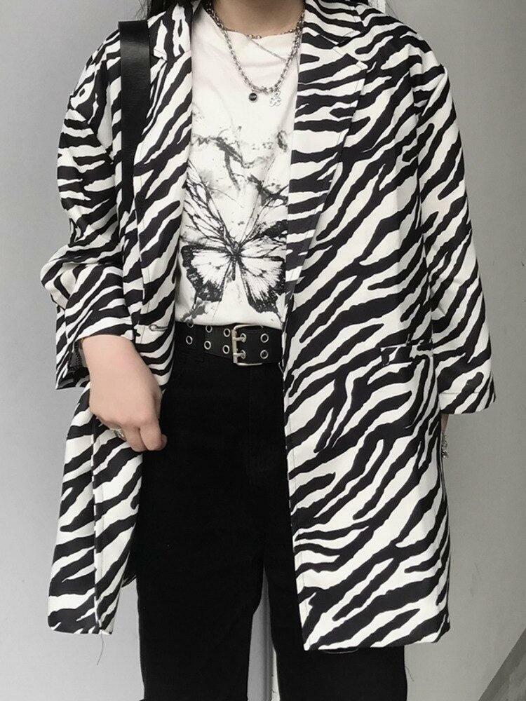 Zebra Print Long Blazer - Grunge Style Clothing for Aesthetic Outfits