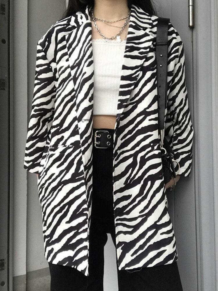 Zebra Print Long Blazer - Grunge Style Clothing for Aesthetic Outfits